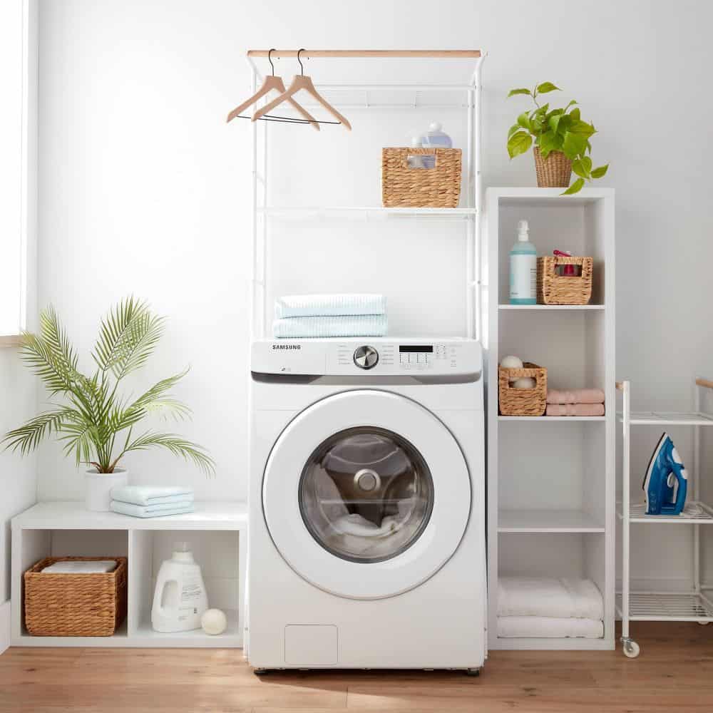 image of an over the washer storage shelf on how to organize a small space