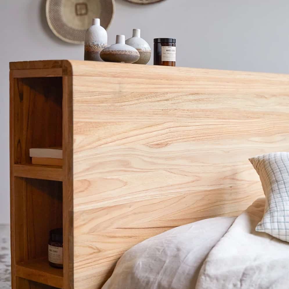wooden headboard for organizing in a small space