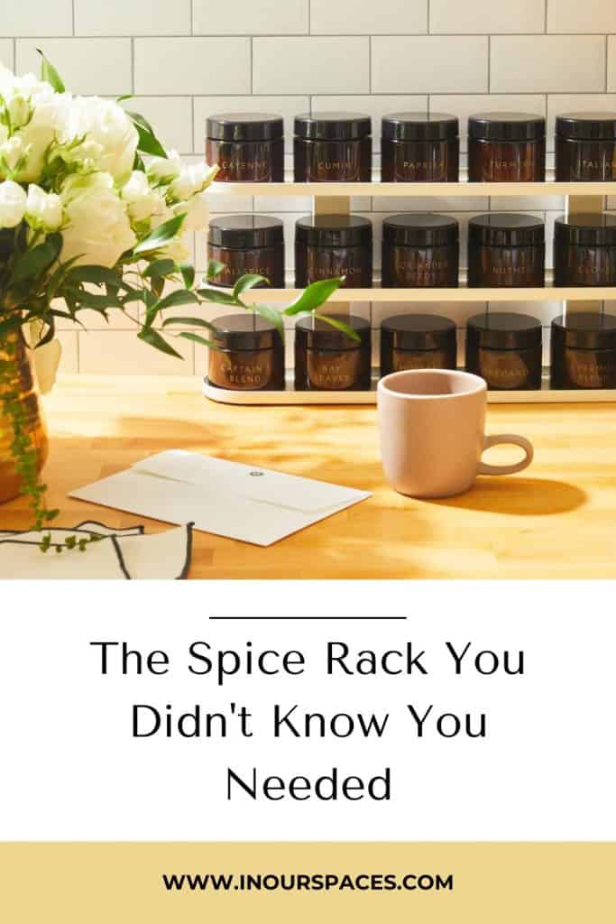 image of a spice rack with text: "the new counter top spice rack you didn't know you needed"